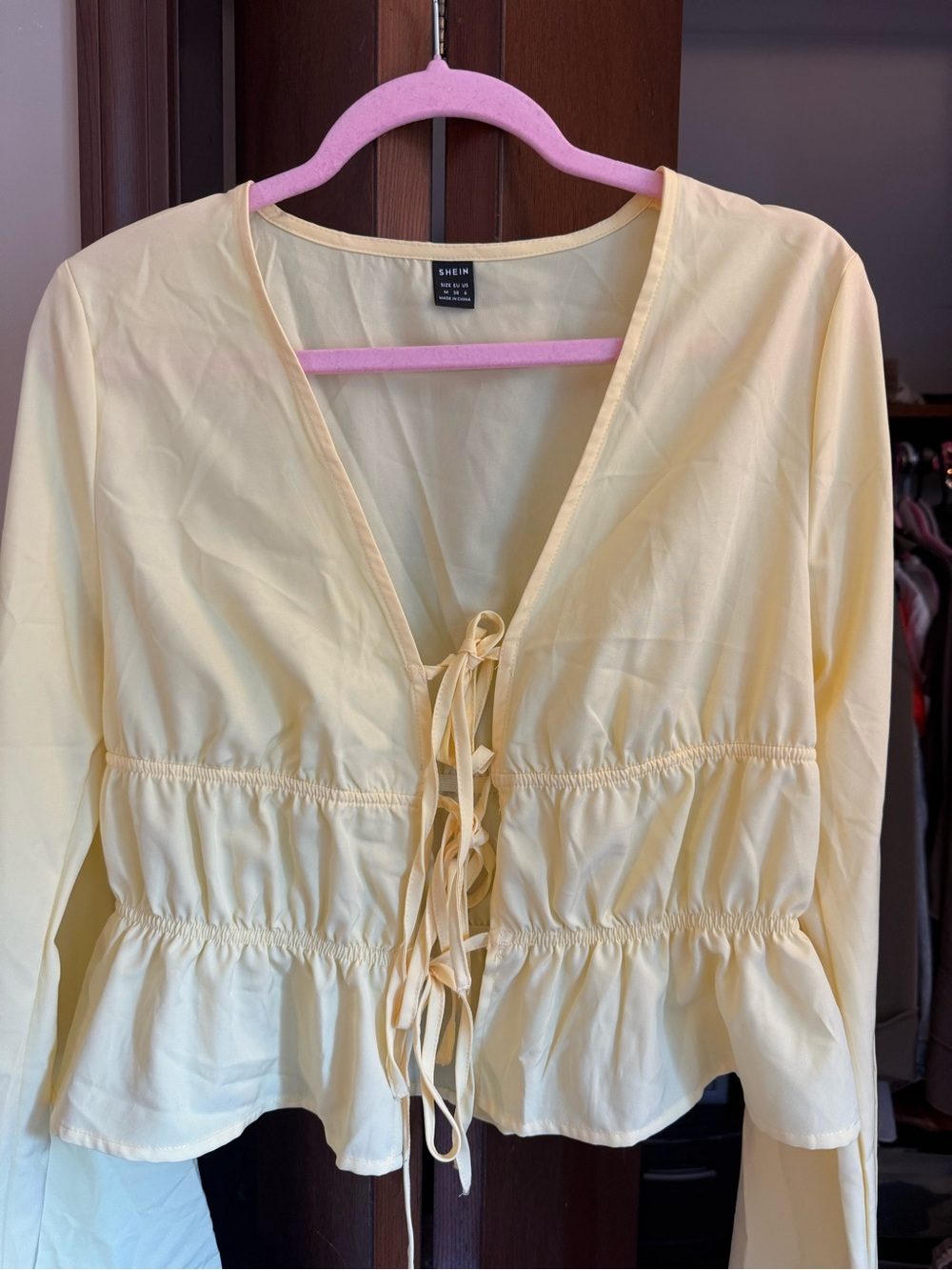 SHEIN Light Yellow Tie-Front Peplum Top